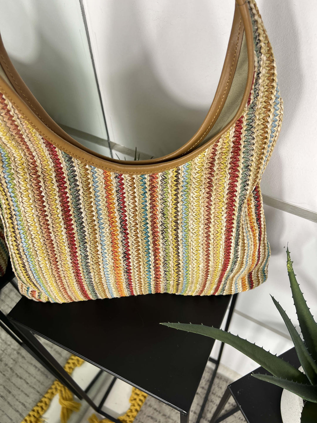 borsa a spalla in rafia rainbow con inserti in pelle RF-B0261RAINBOW FEMME CAFE SELECTION