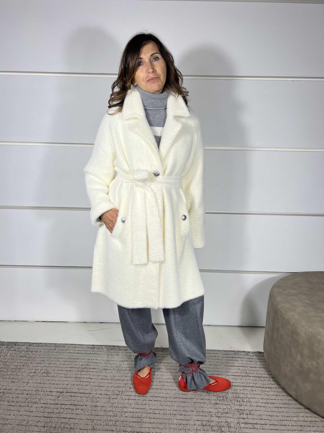 CAPPOTTO CON CINTURA EFFETTO VELOUR BIANCO MERINGA ZANTE CAPPOTTOZ13 PINKO