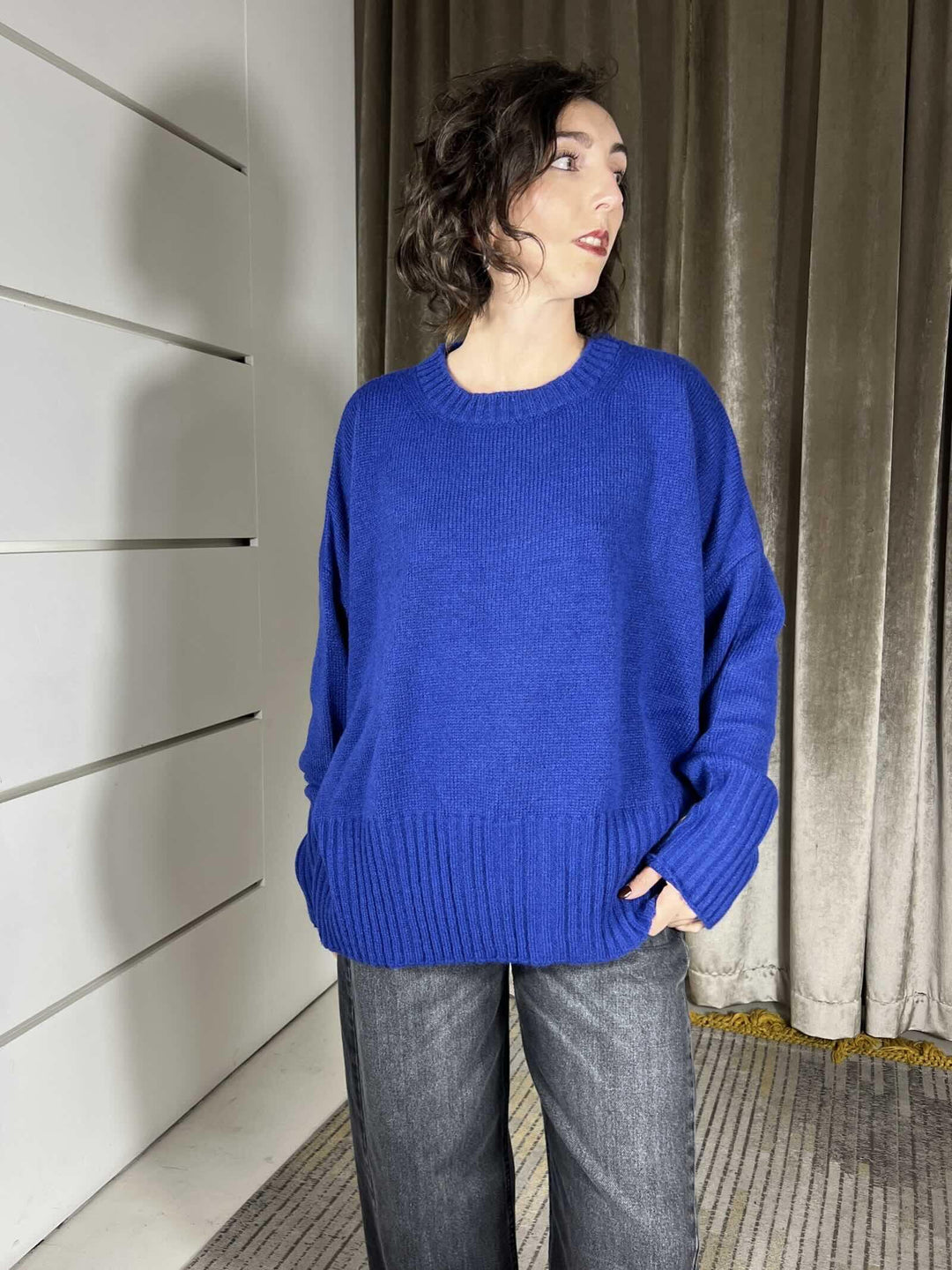 maglione girocollo con coste in misto lana rasata  electiric blue W5HMJ87A373ELECTRIC BLUE TENSIONE IN