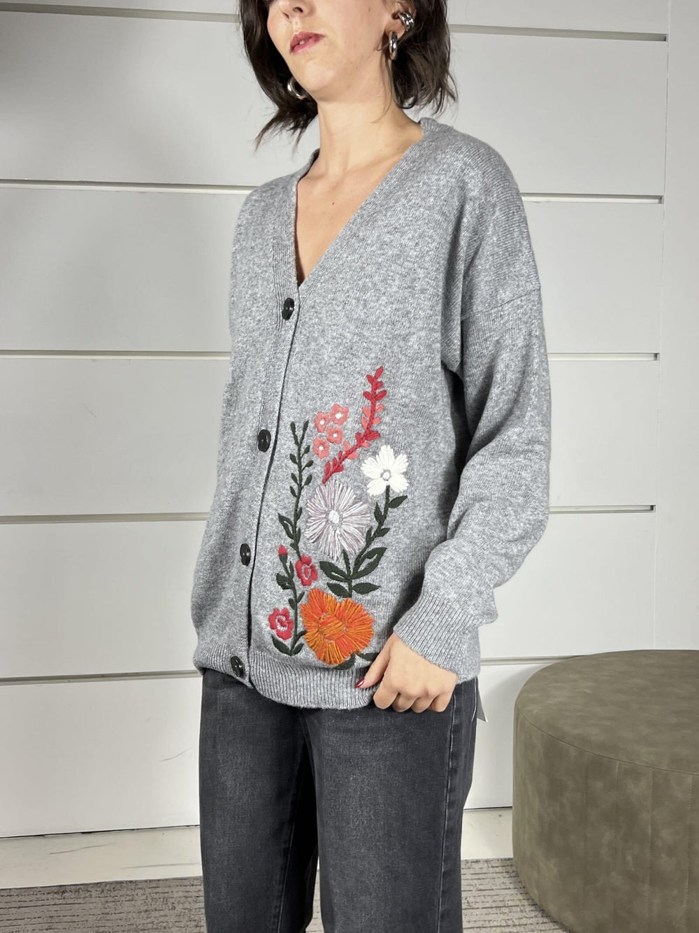 cardigan grigio con ricamo fiori in misto lana 77151FGRIGIO VICOLO
