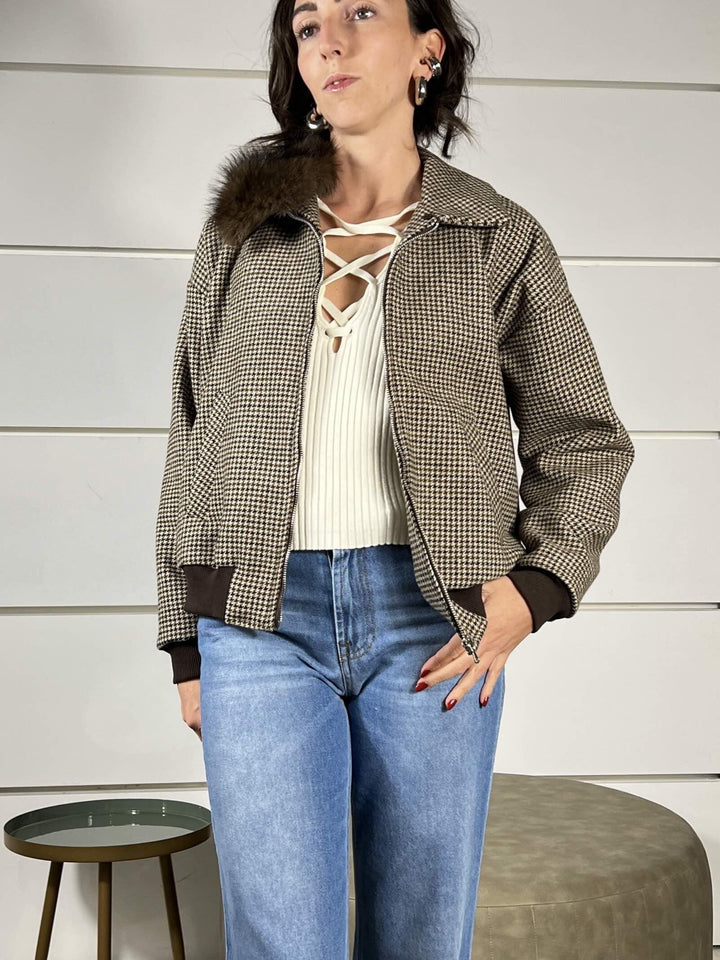 bomber check in misto lana con collo in pelliccia staccabile 51497MORO SUSY MIX