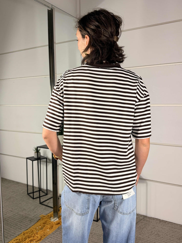 t-shirt a righe girocollo manica corta marrone beige 10060MARRONE/BEIGE SPICY CAFE