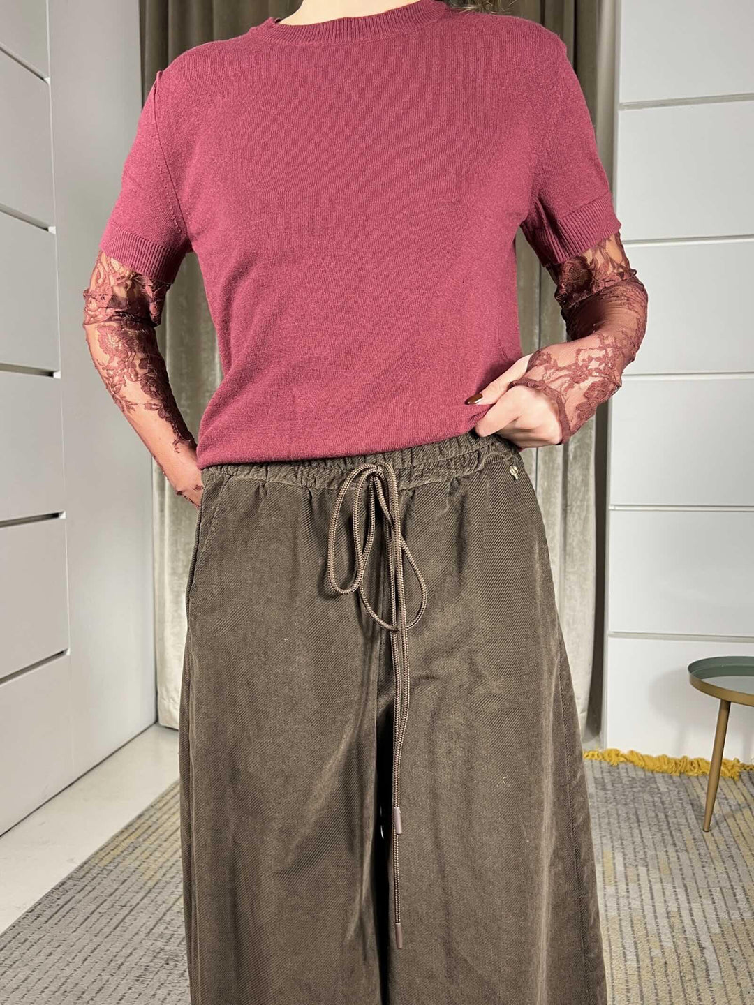 pantalone a palazzo in velluto con elastico e coulisse in vita moro R01L0853MORO PHILIA LOFT