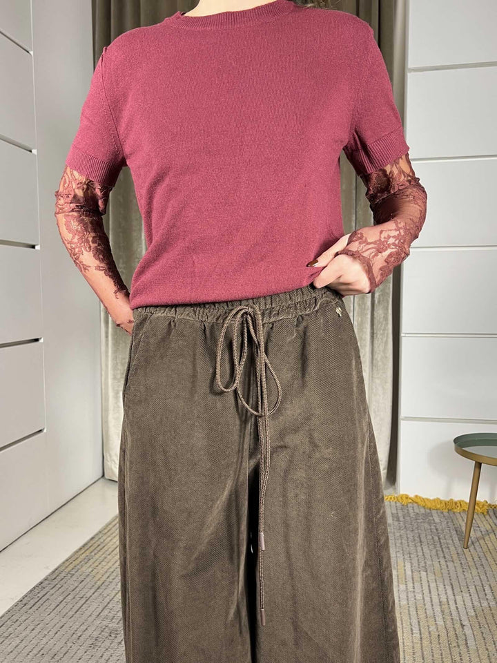 pantalone a palazzo in velluto con elastico e coulisse in vita moro R01L0853MORO PHILIA LOFT