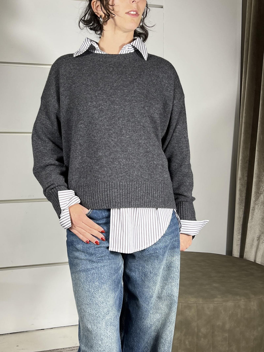 maglione girocollo over con coste 100%lana catrame WL788AI25CATRAME TENSIONE IN