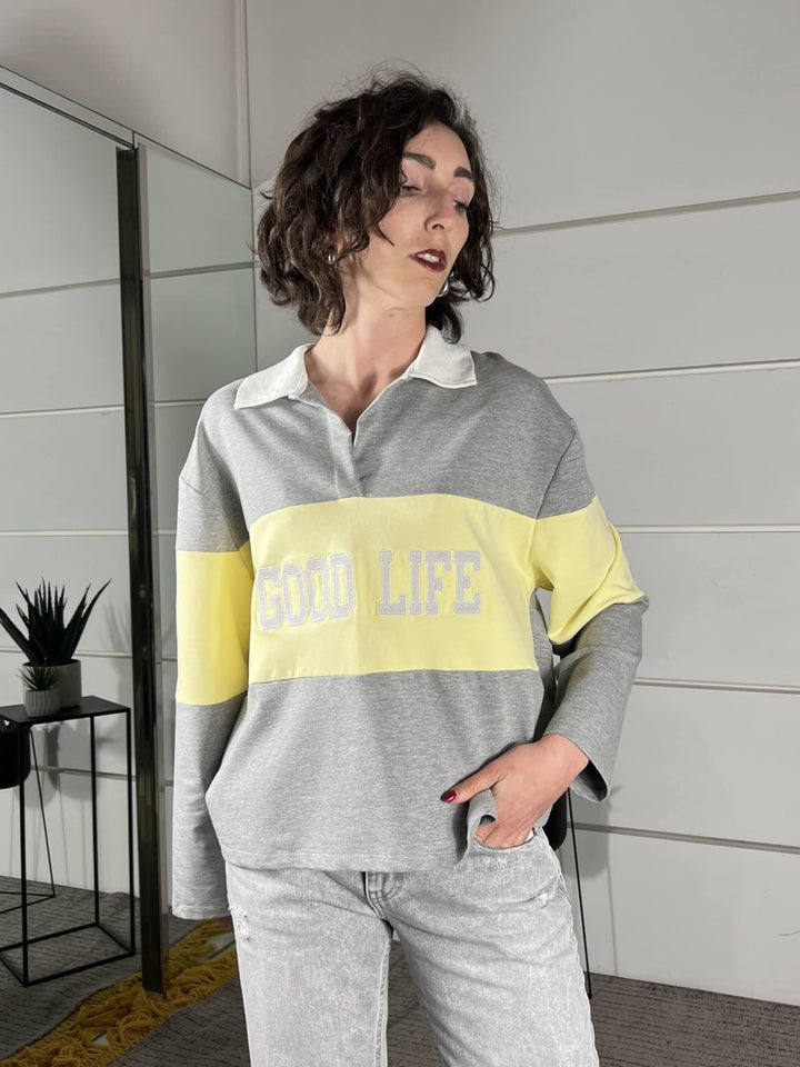 felpa a polo grigia e gialla con scritta good life PE260081GRIGIO/GIALLO TENSIONE IN
