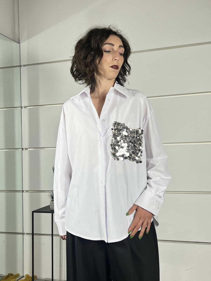 camicia bianca in cotone con tasca con paillettesargento PE260048-UBIANCO TENSIONE IN