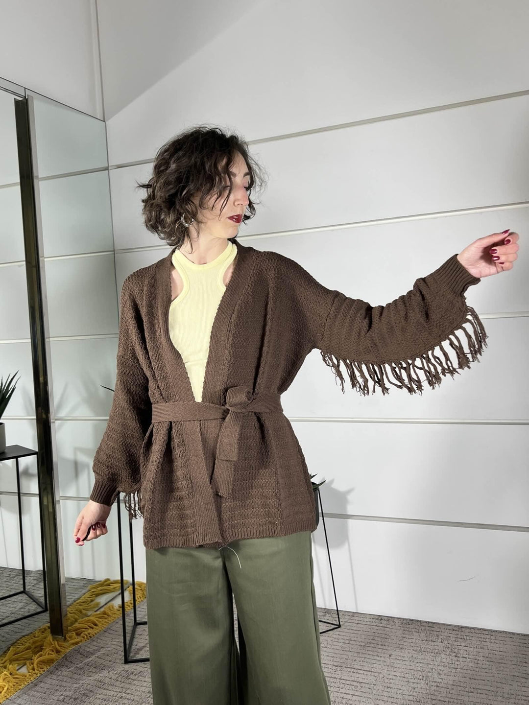cardigan con frange nella manica e cinta in vita caffe WCAR26SA513CAFFE TWO WAY