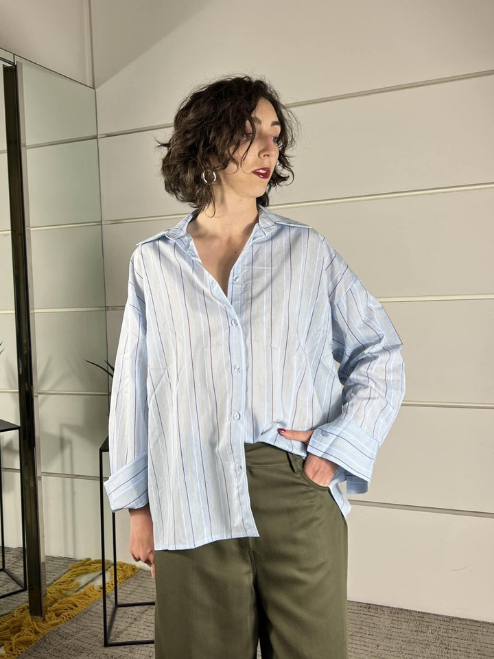 camicia over gessata in viscosa celeste C1051PY22CELESTE SUSY MIX