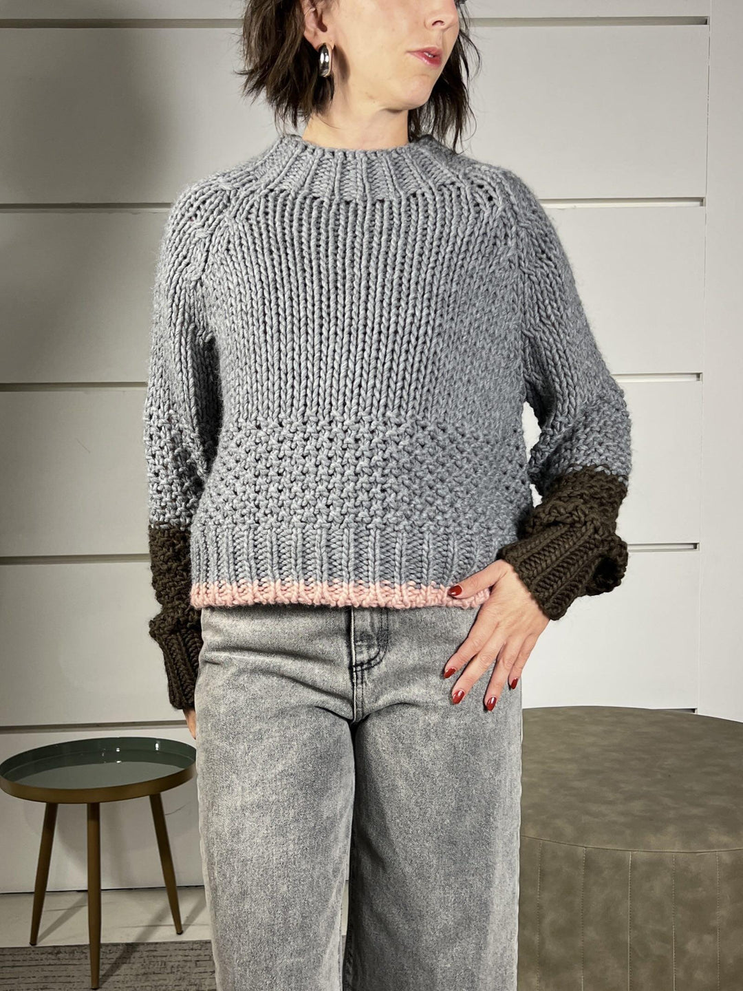 maglione grigio con bordo nel fondo a contrasto in misto lana 95573GRIGIO SUSY MIX