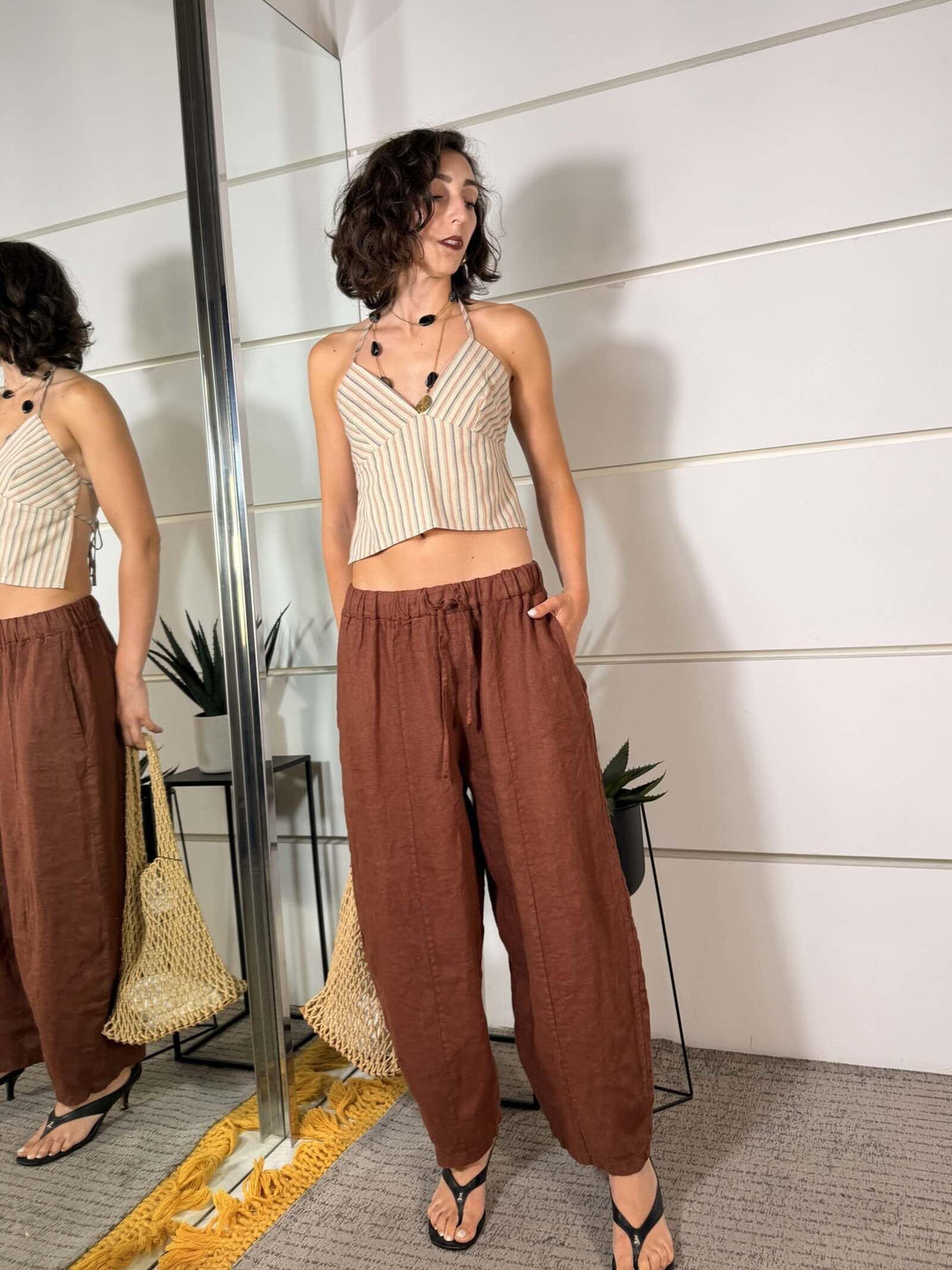 pantalone barrel 100% lino con elastico in vita e coulisse ruggine 6128RUGGINE SPICY CAFE