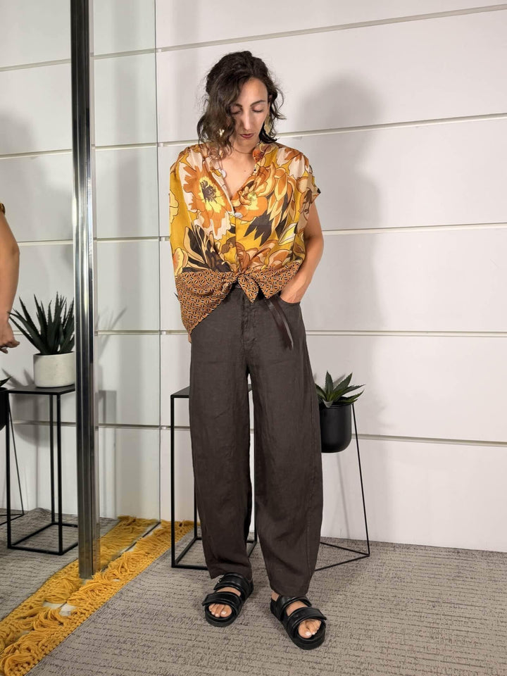 pantalone barrel in lino moro 12402MORO SUSY MIX