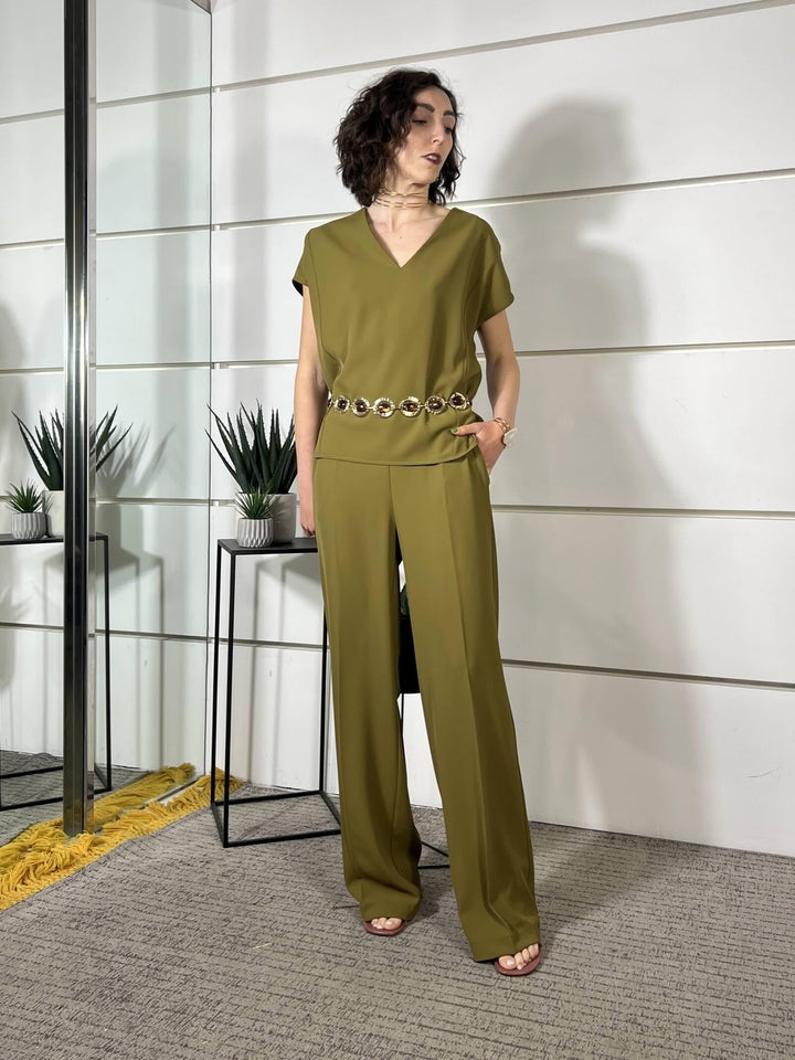 completoverde oliva blusa scollo a v e pantalone 30621VERDE OLIVA SUSY MIX