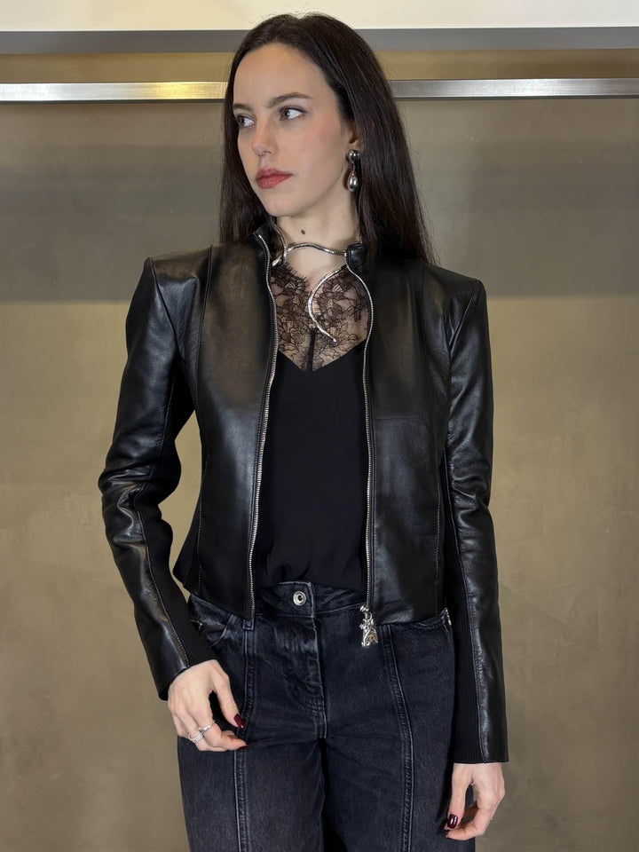 giubbotto in pelle nera con inserti in maglia CO0001L1HZK103 PATRIZIA PEPE PREVIEW
