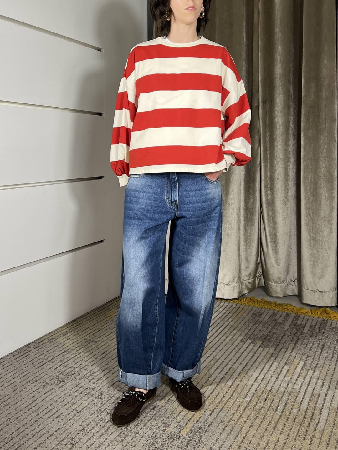 maglia a righe panna/rosso con manica a baloon D02N0366PANNA/ROSSO PHILIA LOFT