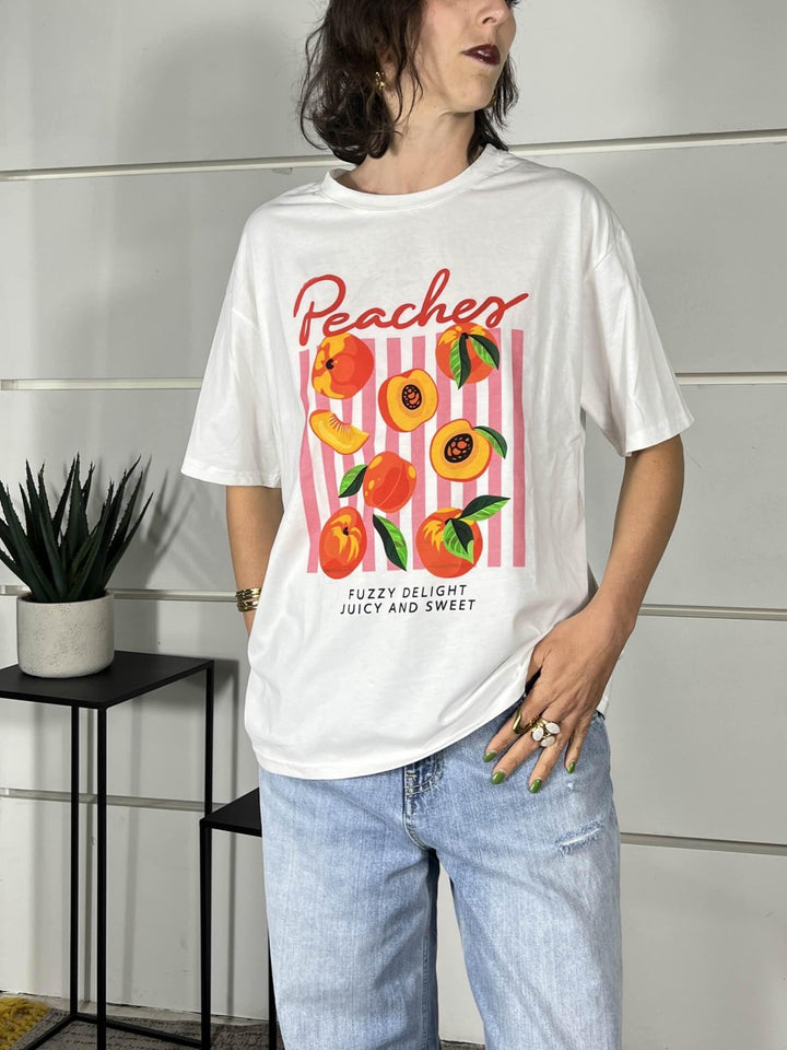 t-shirt con stampa, girocollo, manica corta, modello over 100%co 690002PEACHES SPICY CAFE
