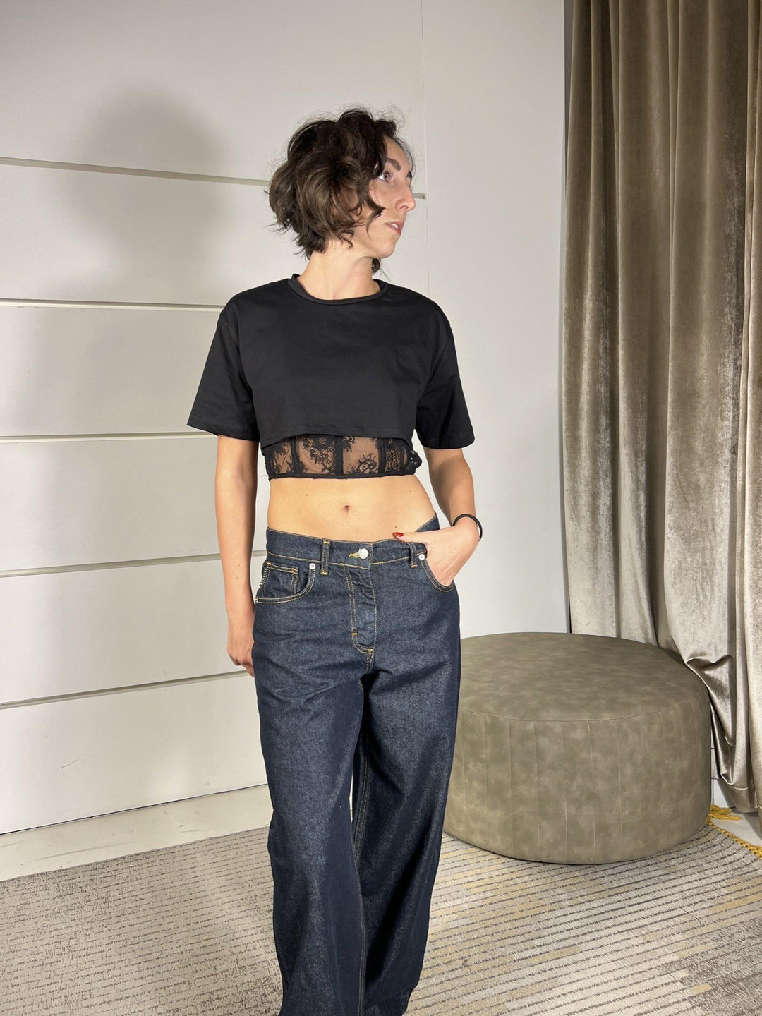 T-SHIRT NERA CROP CON TOP IN PIZZO  RMA-P026NERO HAVE ONE