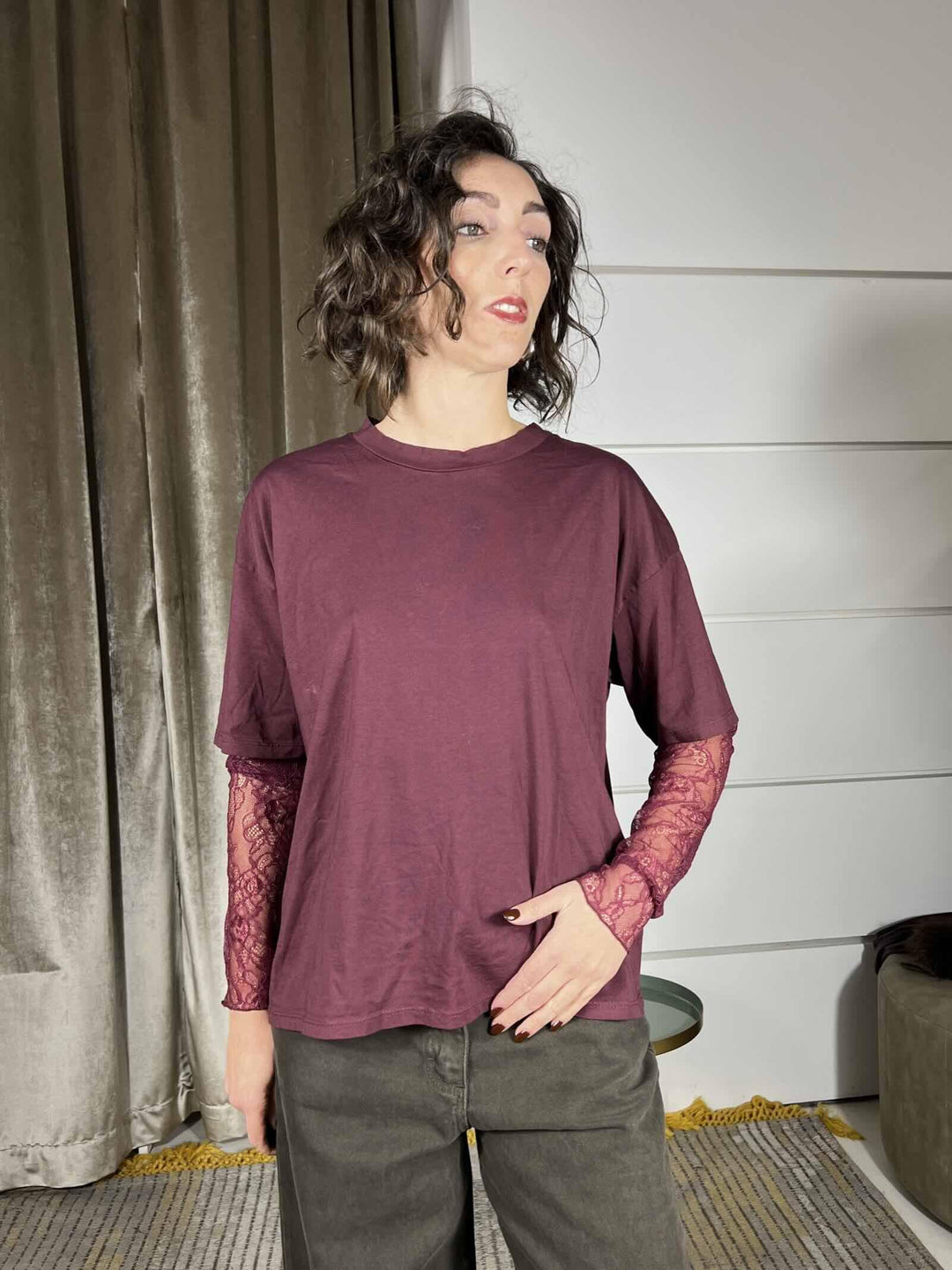 t-shirt vino manica corta con pizzo 11073VINO SUSY MIX