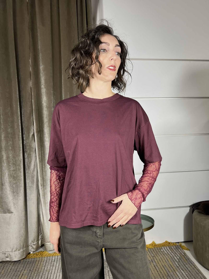 t-shirt vino manica corta con pizzo 11073VINO SUSY MIX