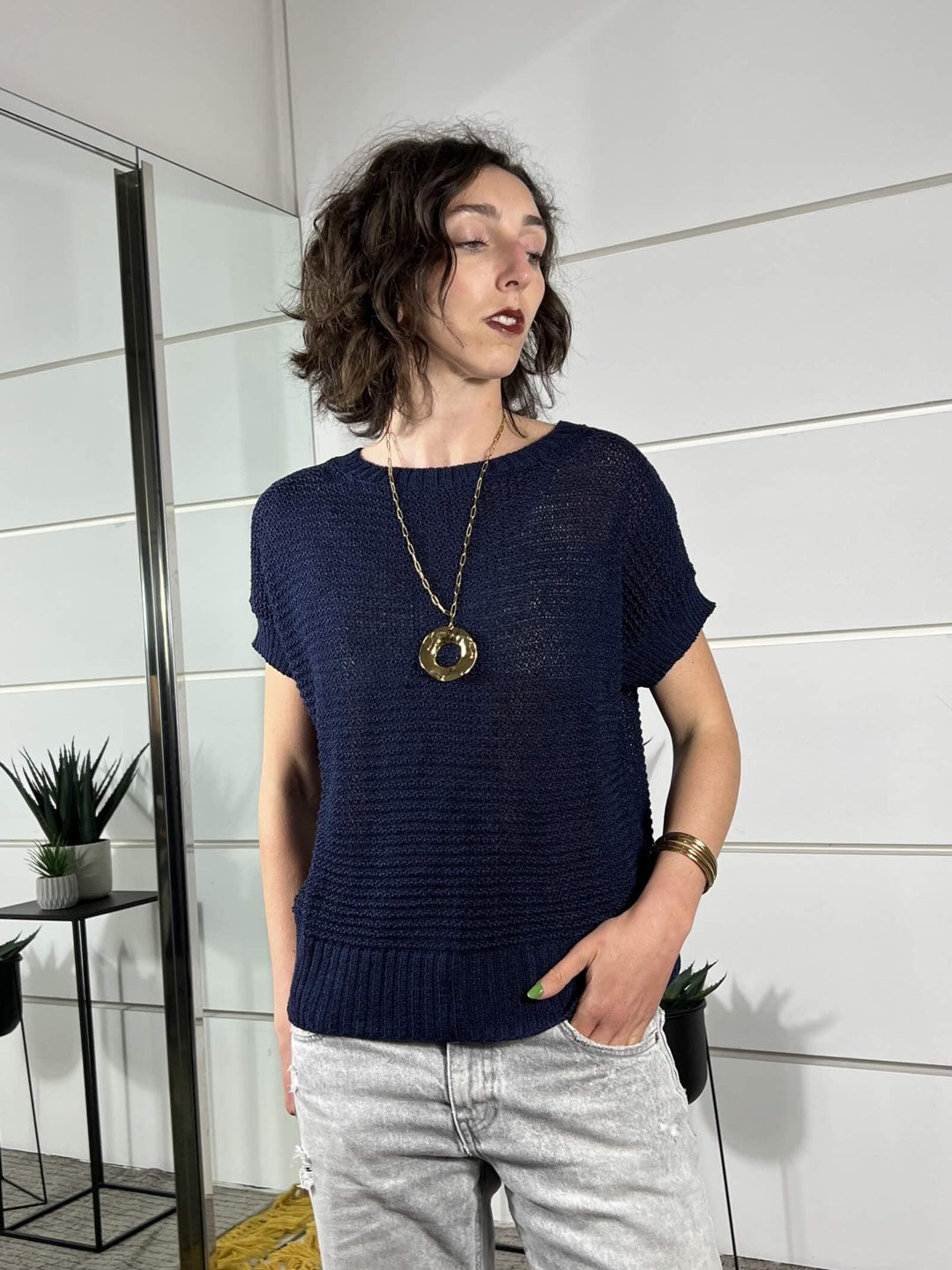 maglia a scatola manica corta blu 26143BLU TENSIONE IN