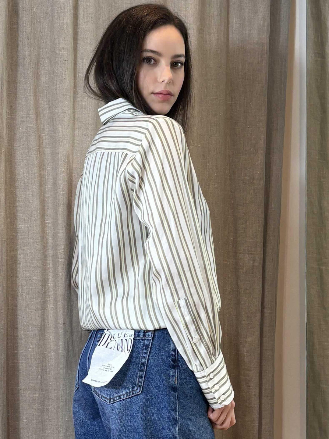 camicia a righe fluida bianca verde e olio TACCO003 iBLUES