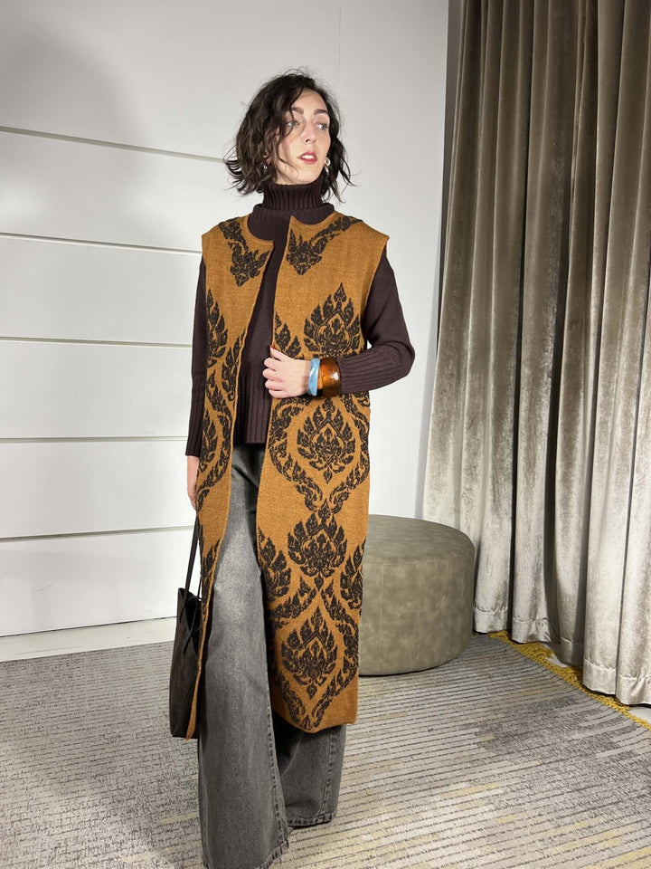 GILET LUNGO CON RICAMI DAMASCATI RUST W5HMG75A400RUST TENSIONE IN