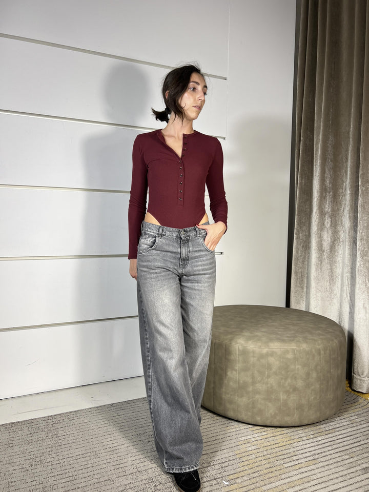 t-shirt a costine a body manica lunga con bottoncini, sgambato bordeaux UF0093BORDEAUX VICOLO