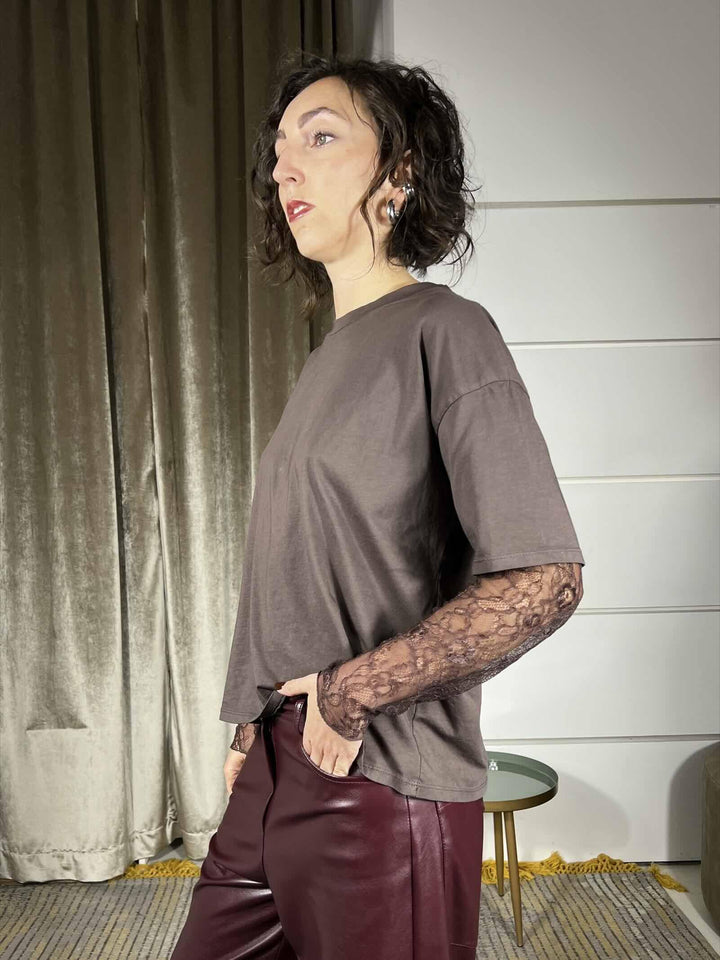 t-shirt manica corta con pizzo  moro 11073MORO SUSY MIX