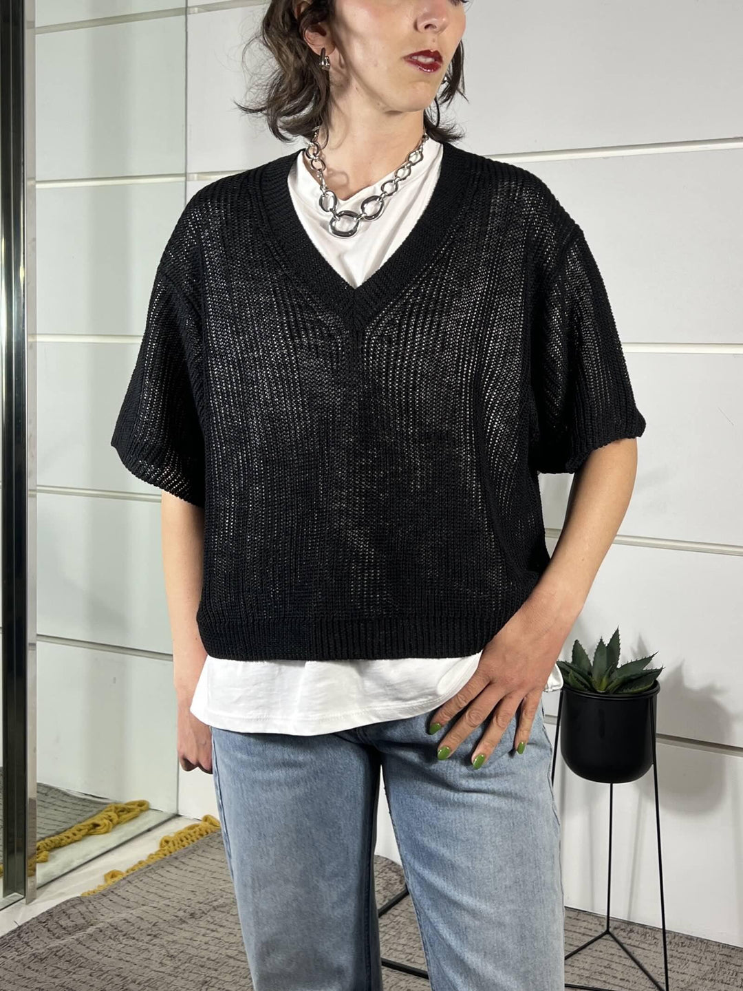 maglia nero con scollo a v manica a 3/4 misto viscosa XL25265NERO TENSIONE IN