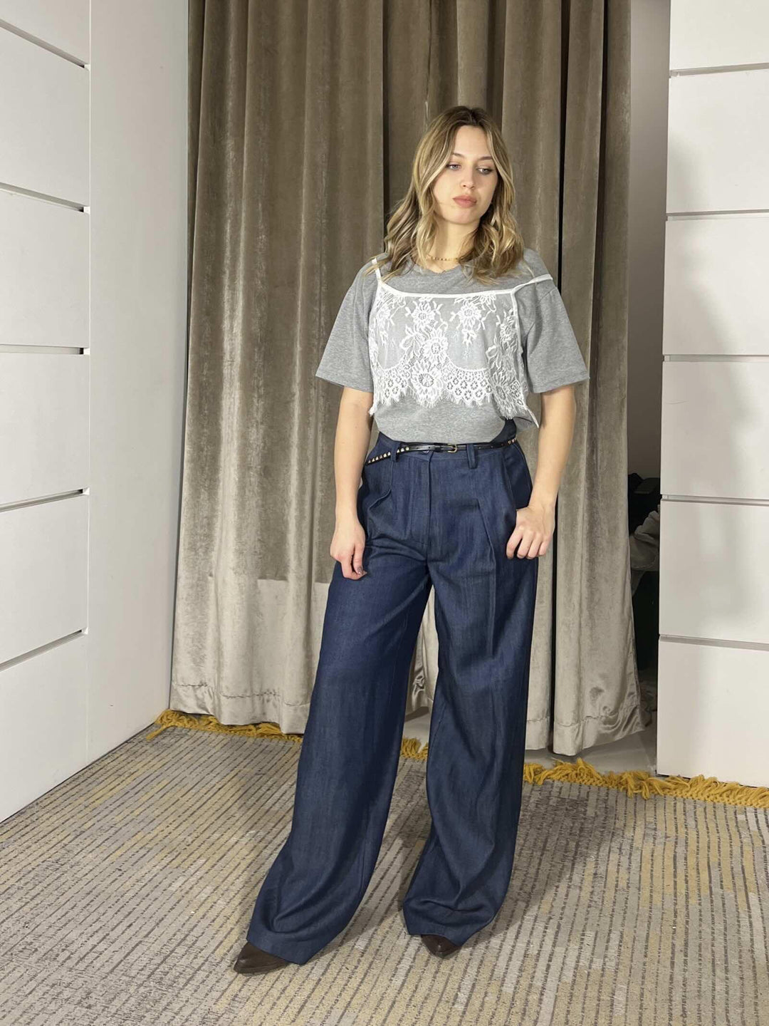 pantalone in denim ampio con cinta e pinces 121PE26BLU TENSIONE IN