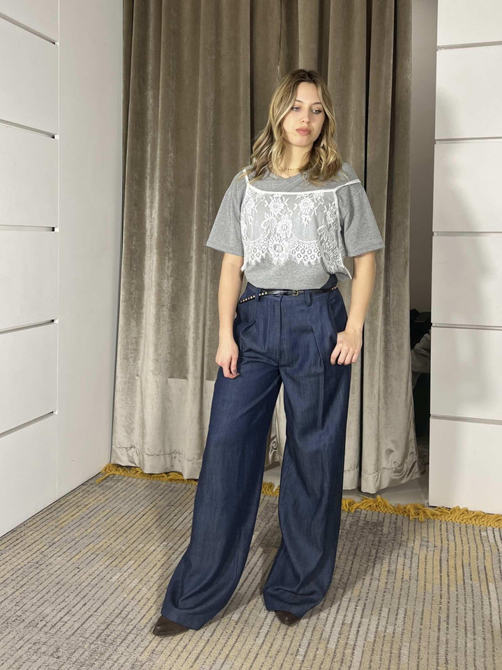 pantalone in denim ampio con cinta e pinces 121PE26BLU TENSIONE IN
