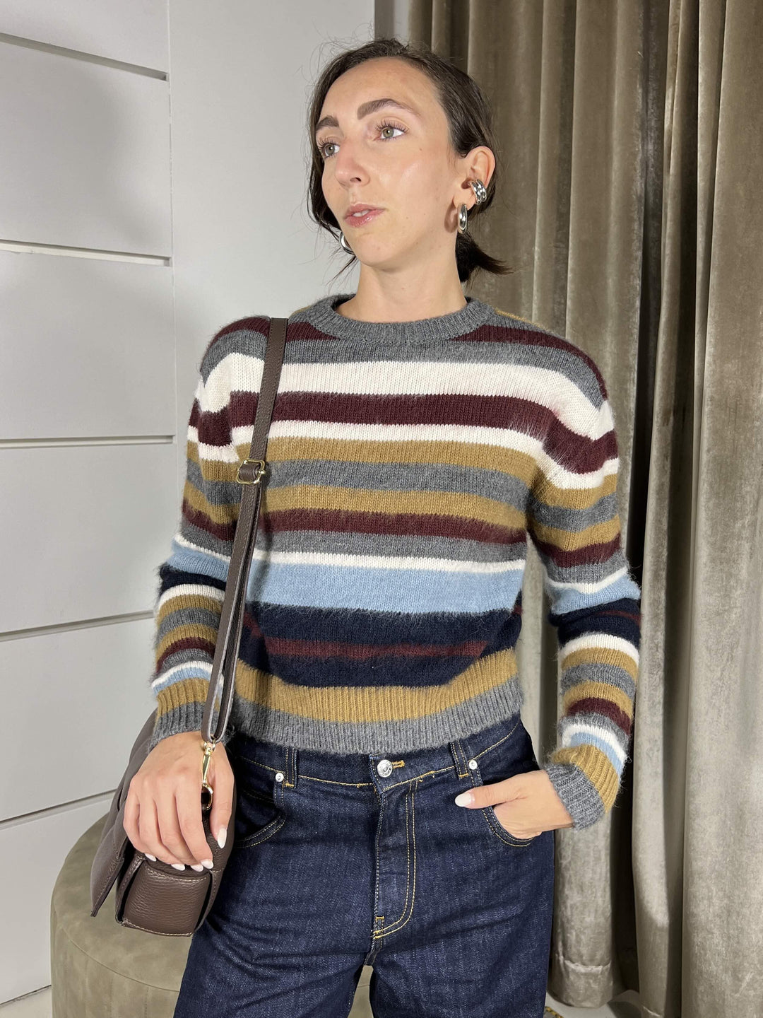 MAGLIONE A RIGHE GIROCOLLO CON SPALLINE 55138FGRIGIO/BORDEAUX/CELESTE/BURRO VICOLO