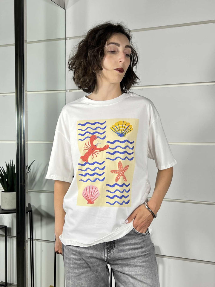 t-shirt con stampa mare, aragosta, conchiglie e stella marina 690002MARE/ARAGOSTA/CONCHIGLIA SPICY CAFE