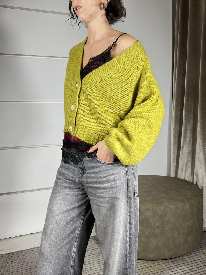 cardigan olio scollo a v con bottone gioiello JIT-P021OLIO HAVE ONE