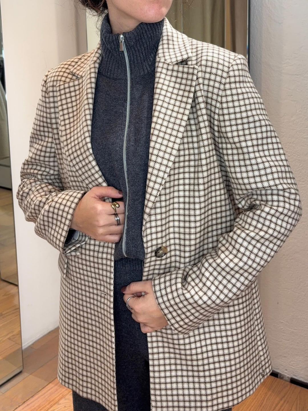 blazer in lana a scacchi panna beige e marrone ANSON004 PENNYBLACK BLACK