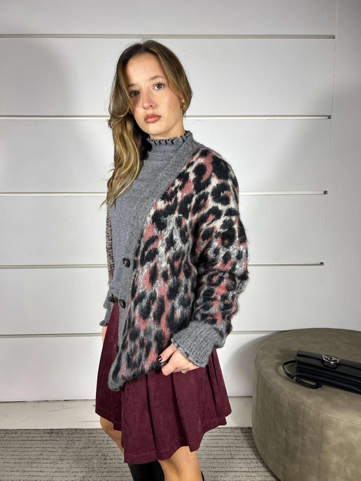 cardigan maculato scollo a v grigio e rosa D80995ROSA TENSIONE IN