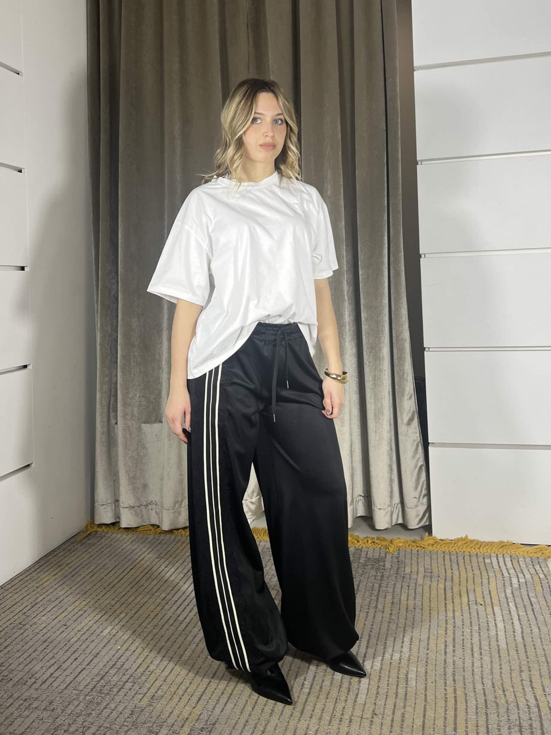 pantalone balloon con bande a lato e pizzo nero S3393NERO SUSY MIX