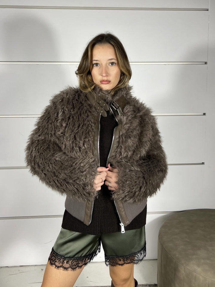 ecopelliccia bomber con inserti in ecopelle moro 810NMORO SUSY MIX