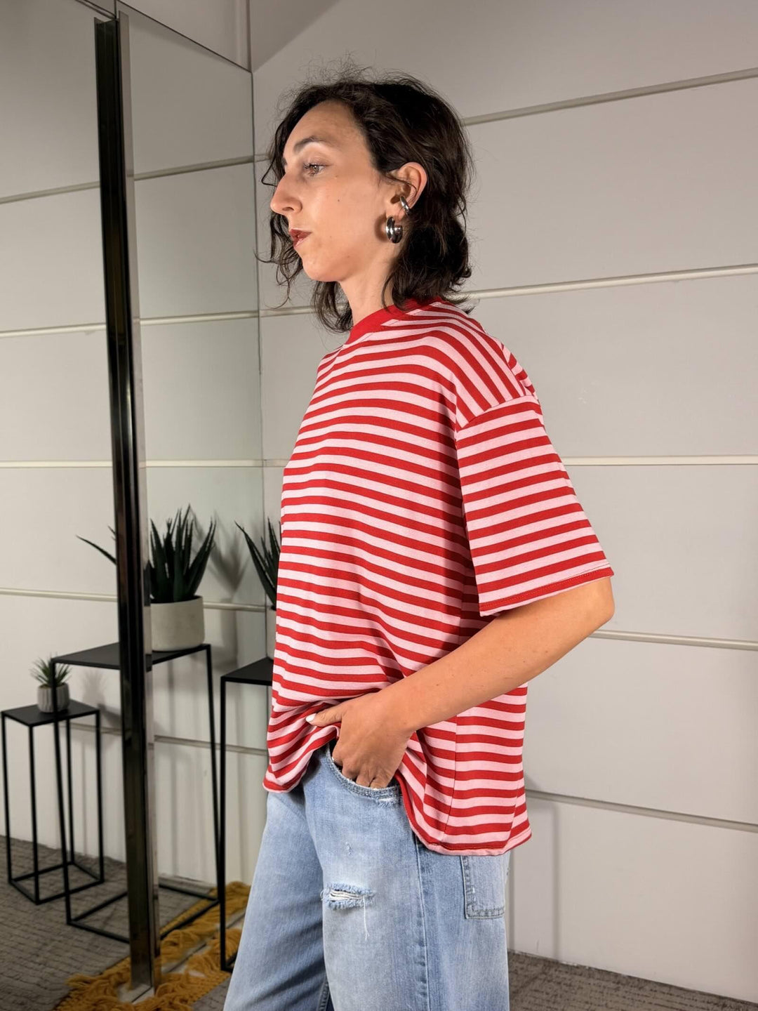 t-shirt a righe girocollo manica corta rosa rossa 10060ROSSO/ROSA SPICY CAFE