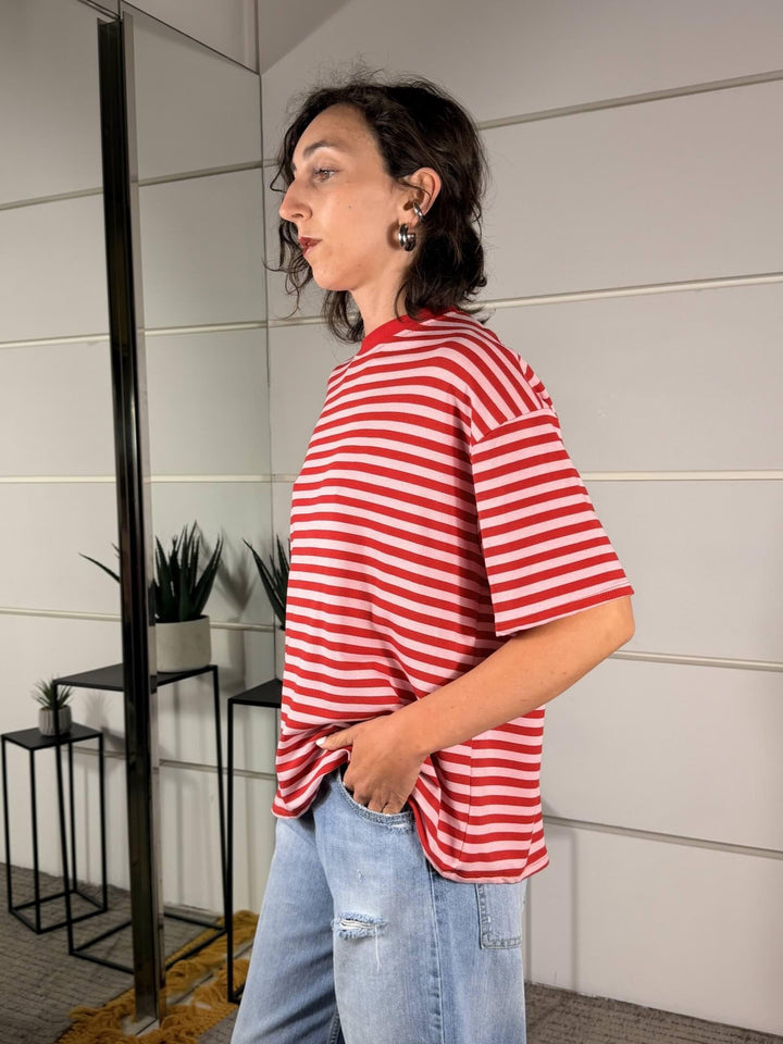 t-shirt a righe girocollo manica corta rosa rossa 10060ROSSO/ROSA SPICY CAFE