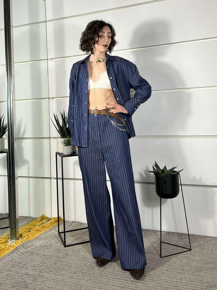 pantalone ampio gessato con cintura PVS-Q354BLU HAVE ONE