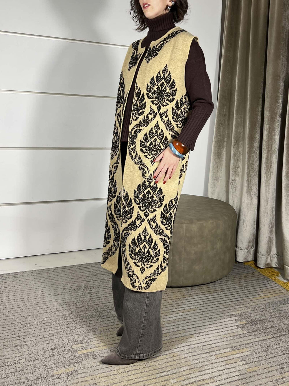GILET LUNGO DAMASCATO CAMEL W5HMG75A400CAMEL TENSIONE IN