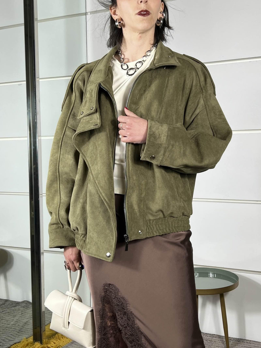 giubbotto a bomber collo alto scamosciato verde militare PE260096MILITARE TENSIONE IN