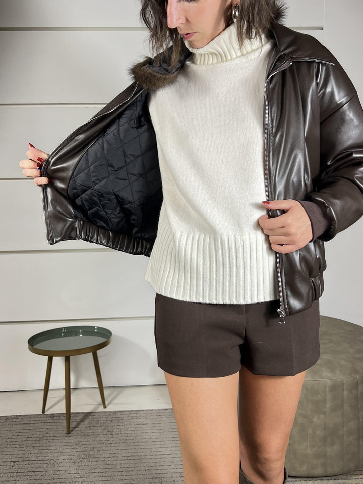 bomber moro in ecopelle con colletto staccabile in pelo 514981MORO SUSY MIX