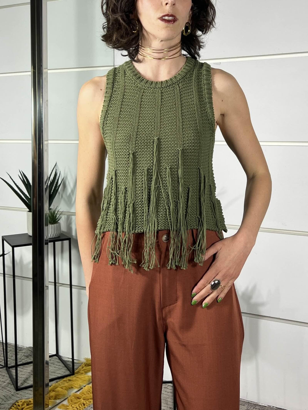 gilet con frange militare in cotone 3AB3024MILITARE 19 VICOLO