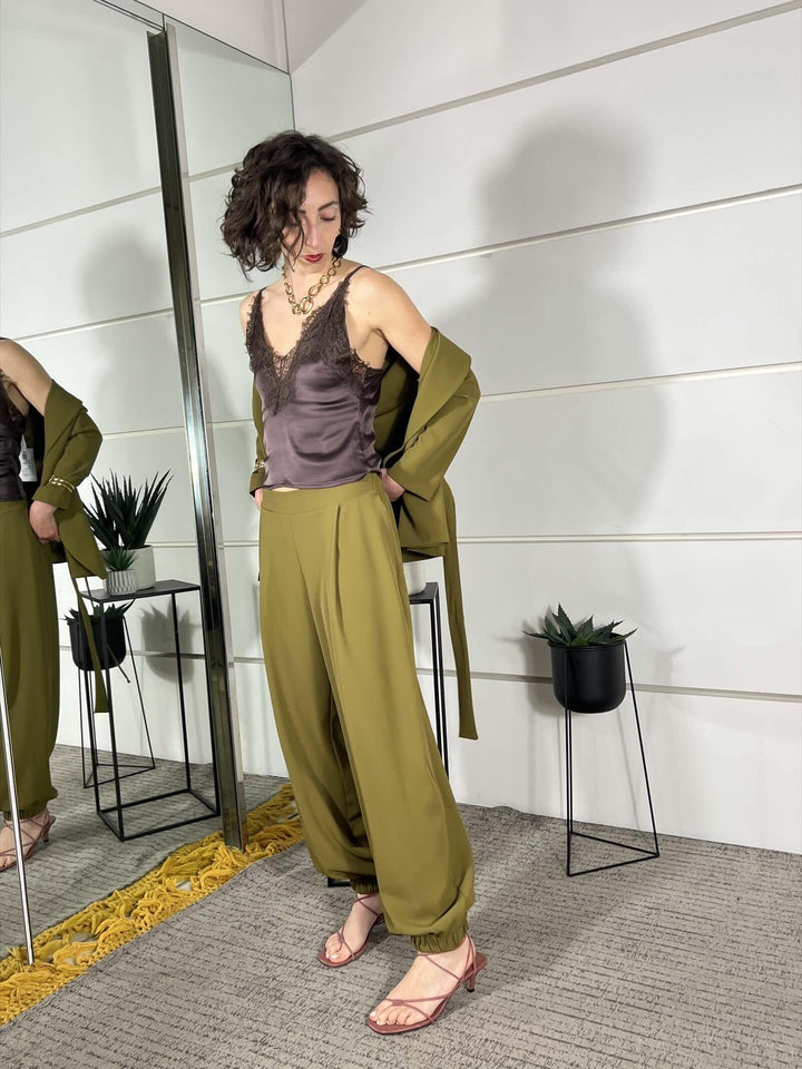 giacca con fiocco e  pantalone balloon verde oliva 30591VERDE OLIVA SUSY MIX