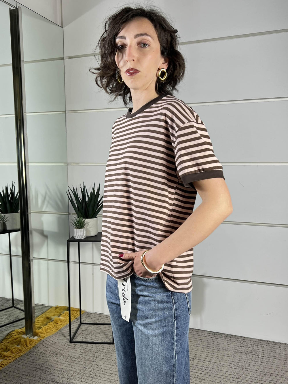 t-shirt girocollo a righe, manica corta rosa e moro 26M4121ROSA/MORO TENSIONE IN