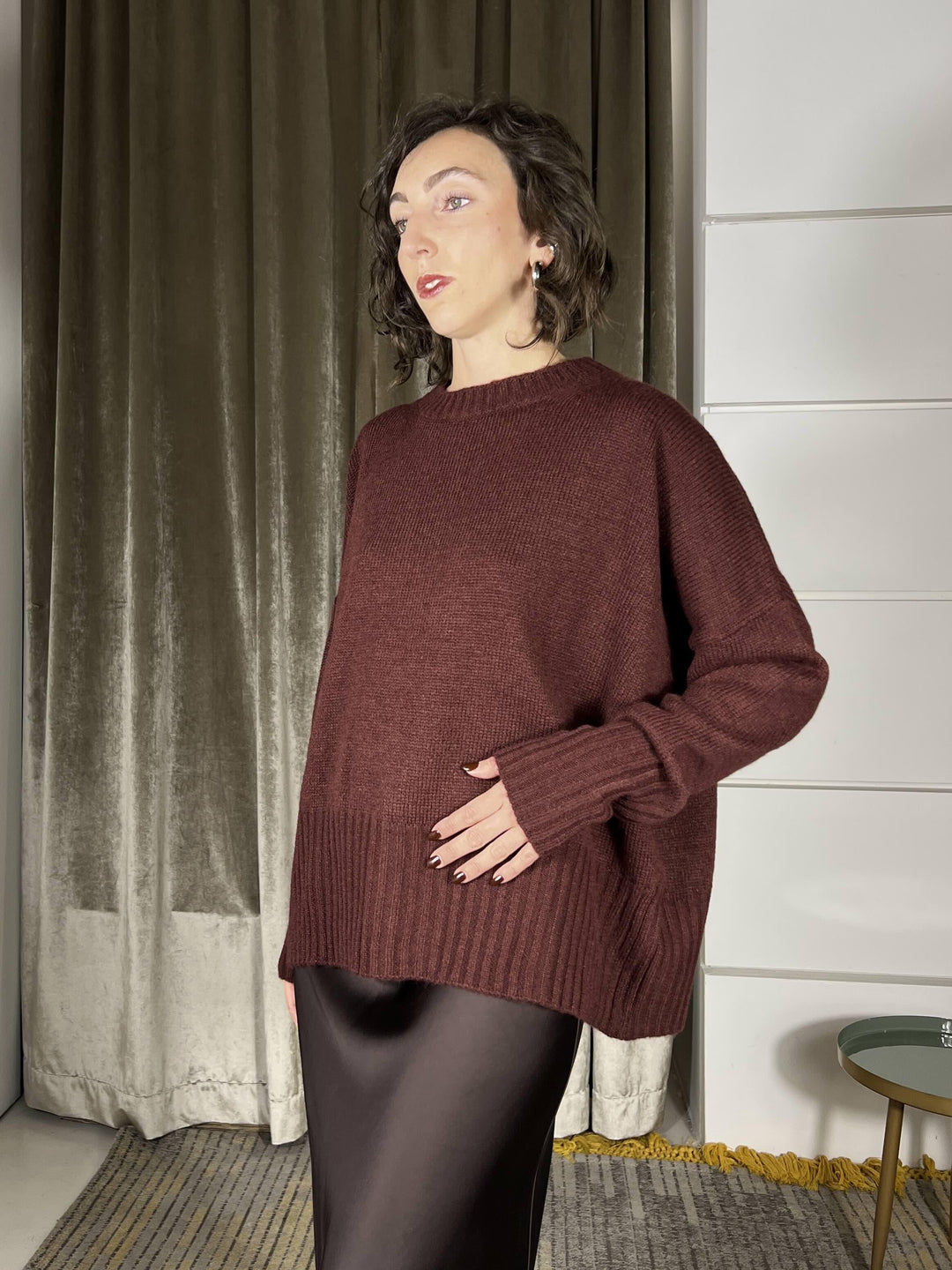 maglione girocollo con coste in misto lana  rasata burgundy W5HMJ87A373BURGUNDY TENSIONE IN