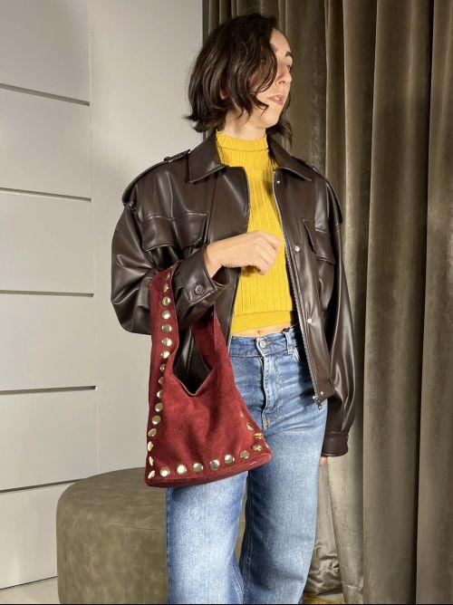 BORSA IN CAMOSCIO CON BORCHIE CON ZIP BP1704RED FEMME CAFE SELECTION