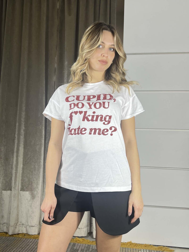 t-shirt bianca girocollo con scritta rossa cupid do you f*king hate me 26M3977BIANCO TENSIONE IN